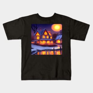 Halloween Horror House in the Snow Kids T-Shirt